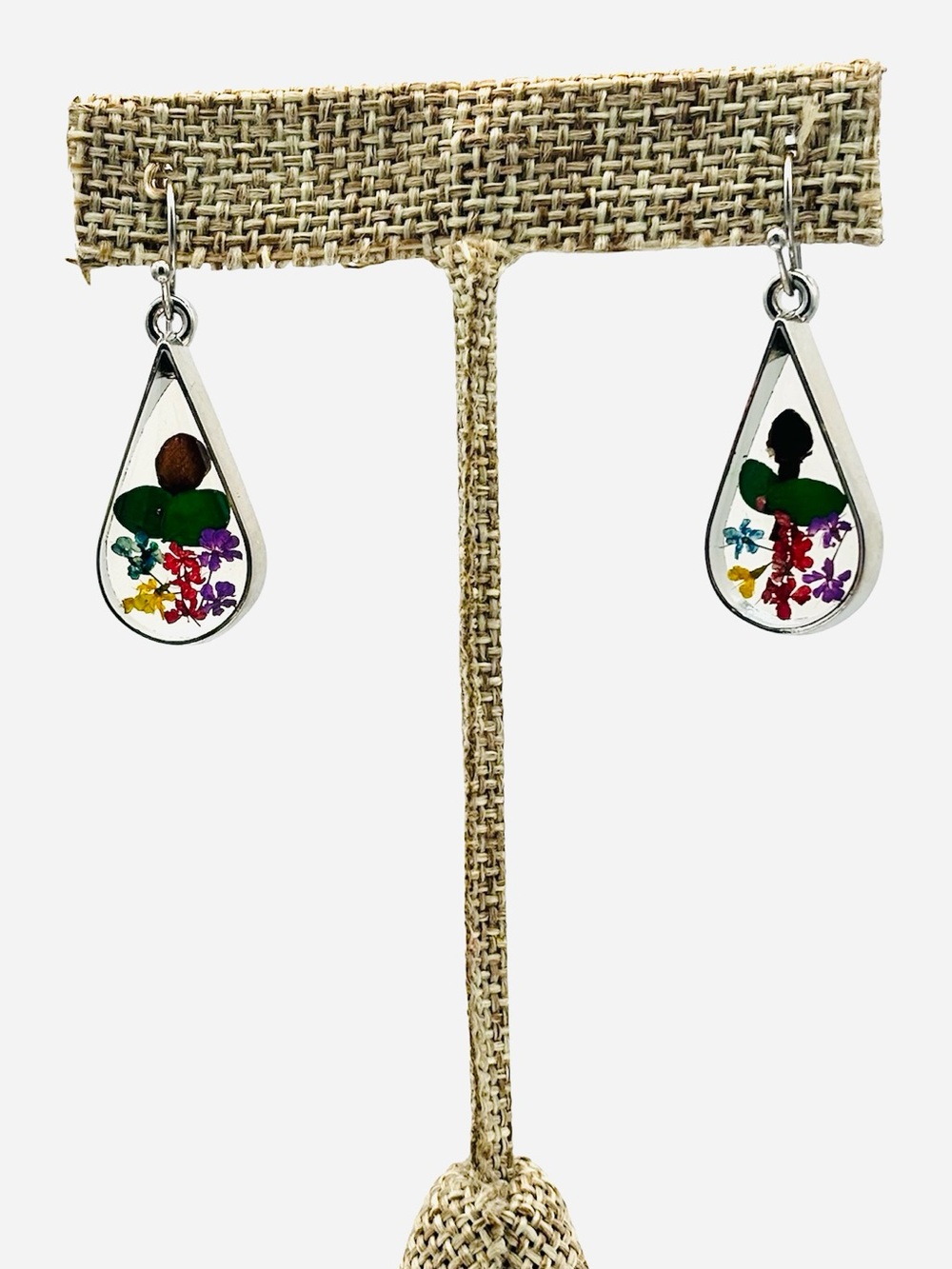 Earrings with Hand-painted Flowers Inlayed in Acrylic Surrounded By Silver